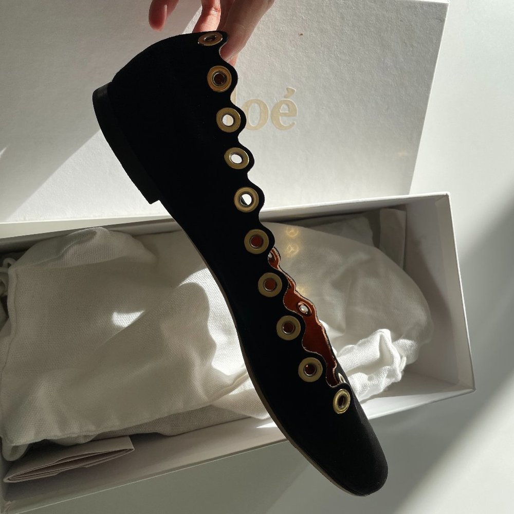 Chloe Scallop Black Ballet Shoes with Gold Embellishment